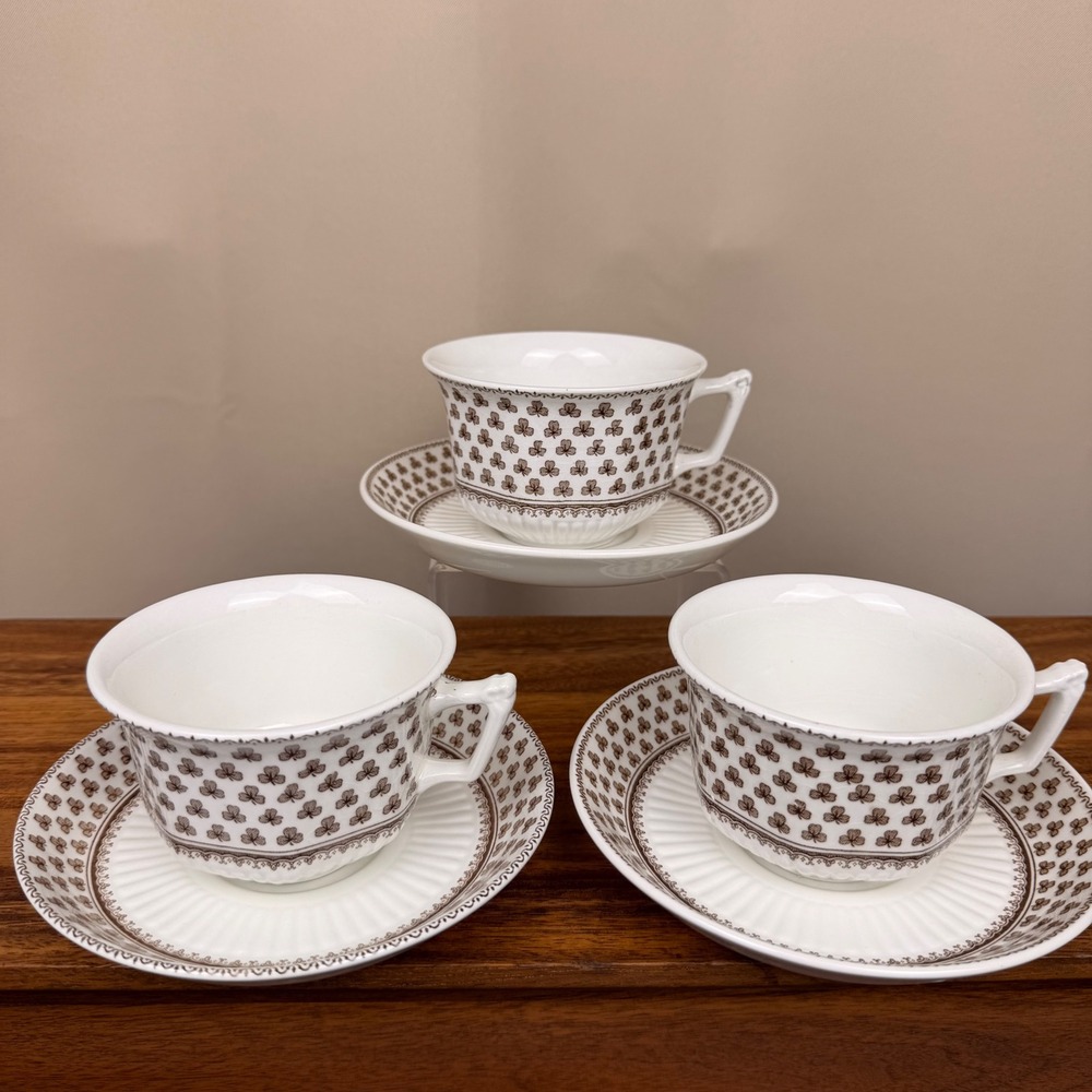 Adams Sharon Brown Clover Ironstone Tea Cup Saucer Set of 3 Wedgwood England